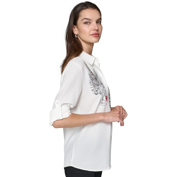 KARL LAGERFELD PARIS Embellished Eiffel Tower Button-Down Top White Size XL $99 - Picture 2 of 6